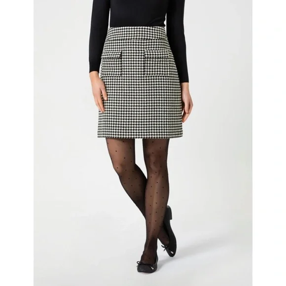 REVIEW 'Wanda' Black White Houndstooth Tweed Knit Skirt w Patch Pockets Size 12 - Picture 2 of 11